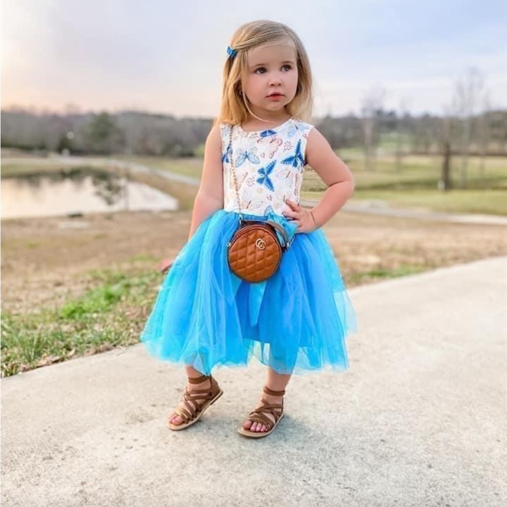 Blue Tulle Dress with Butterfly Print